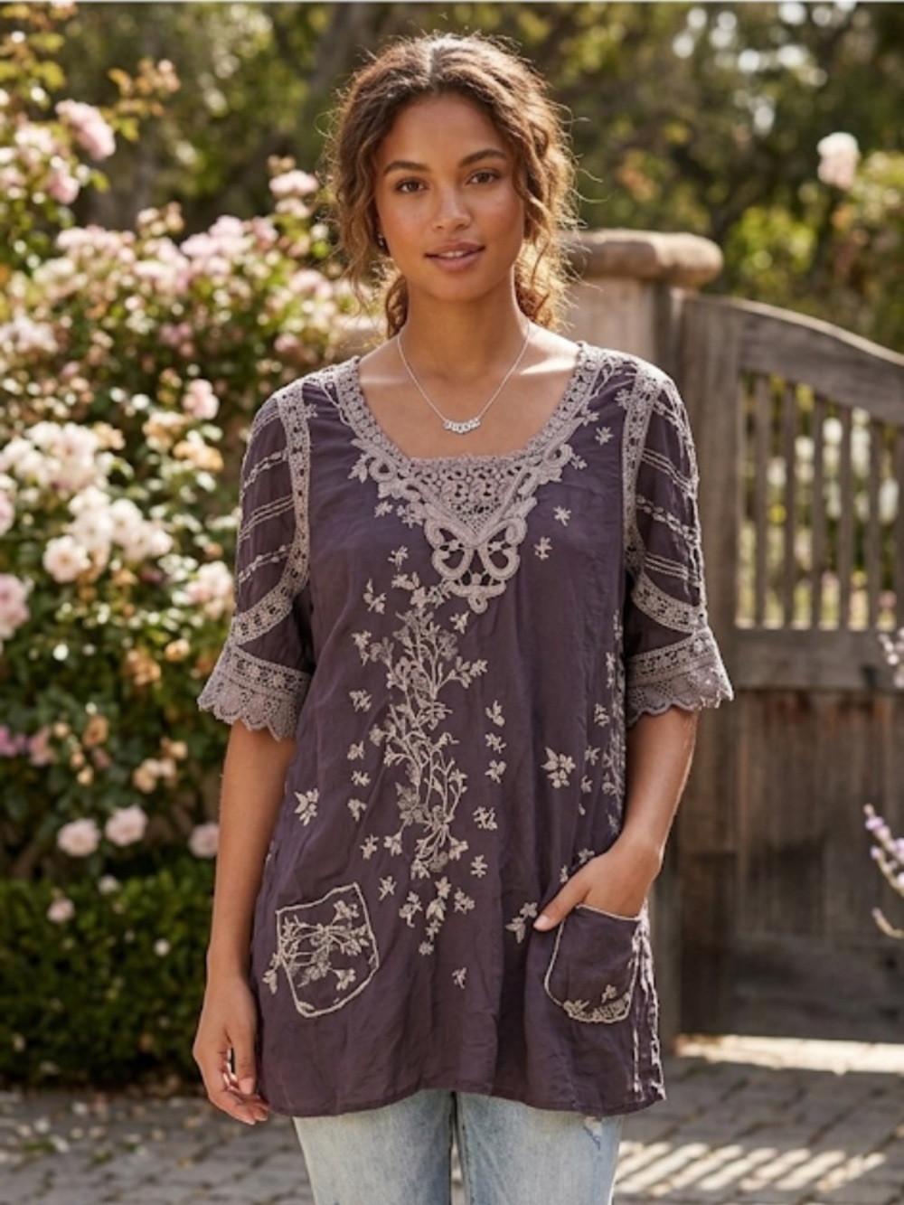 Johnny Was Women’s Embroidered Lace-Trim Peasant Top in Dusty Plumb size M